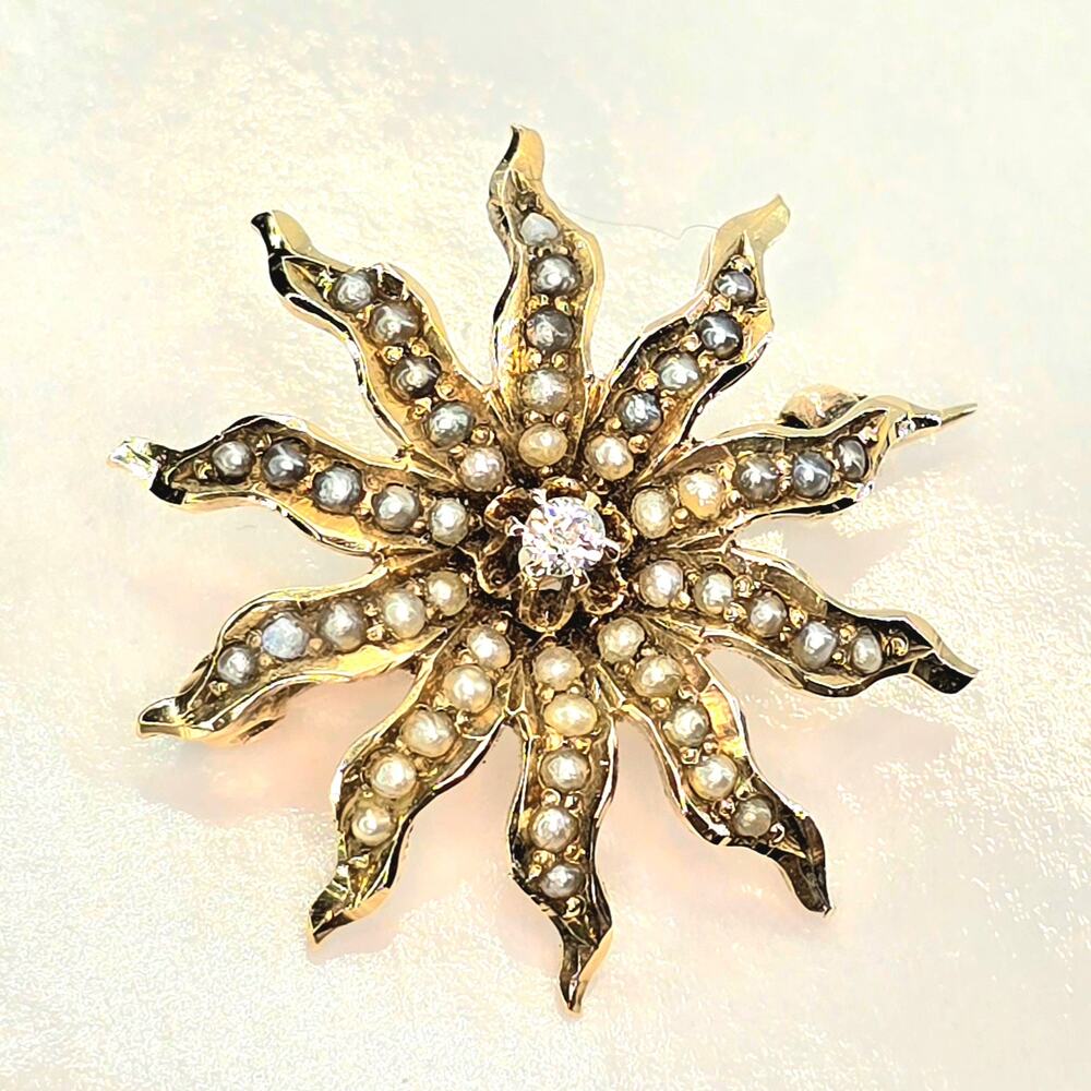 Vintage 10K Seed Pearl Diamond Victorian Sun Star Brooch